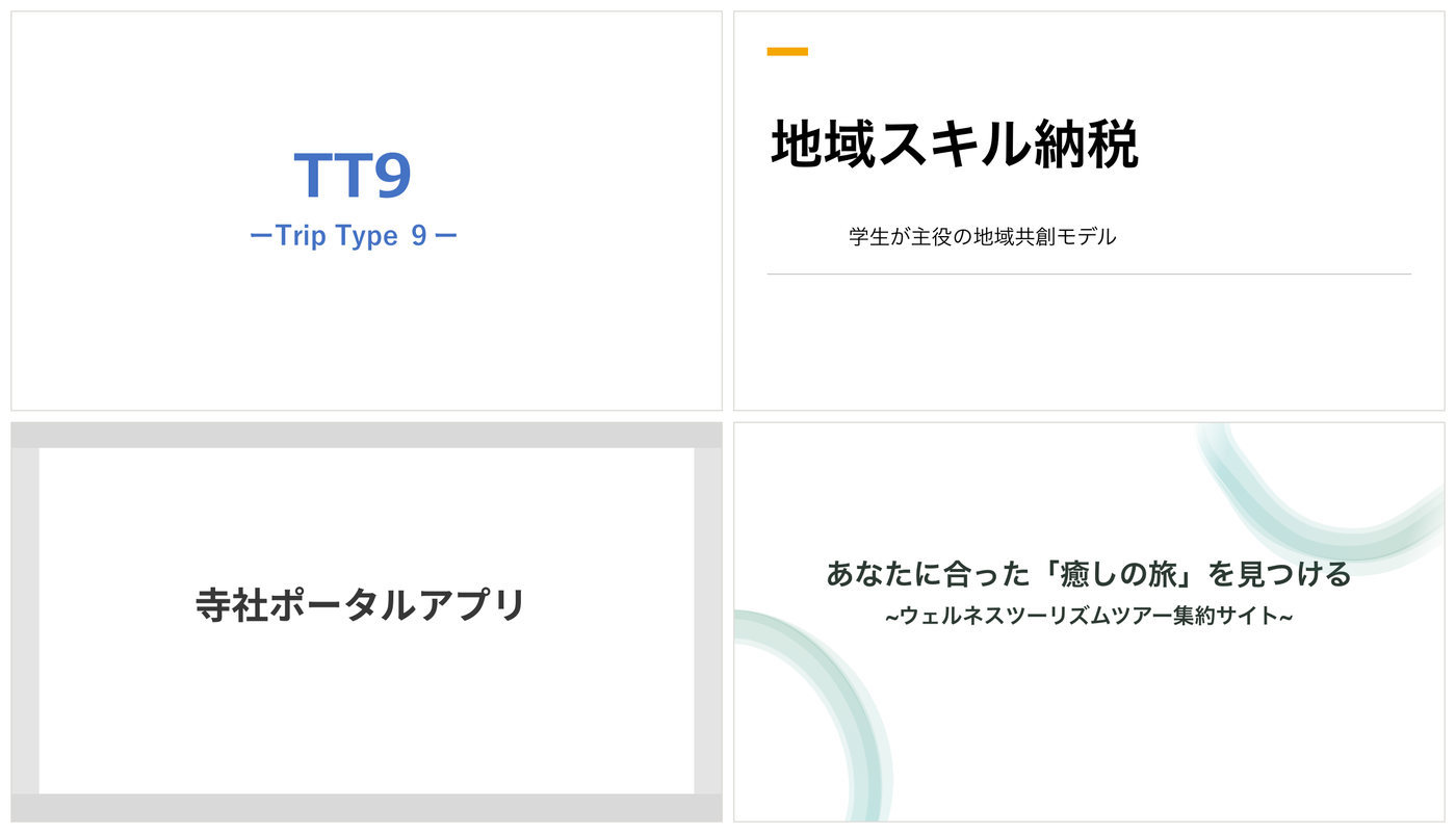 4つのビジネスプランの表紙。TT9、地域スキル納税、寺社ポータルアプリ、癒しの旅